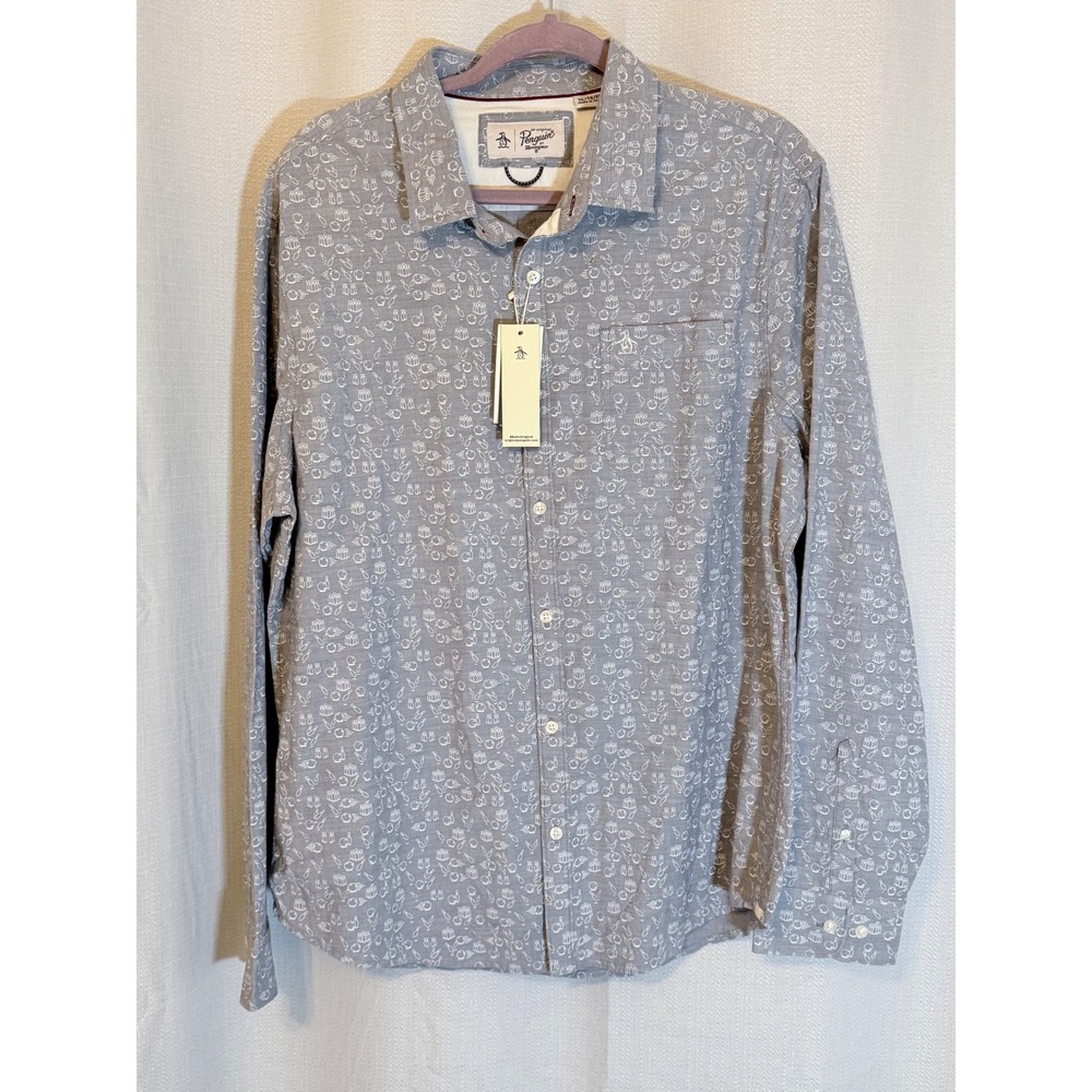 Original Penguin Mens XL Bowling Print Button Down Shirt Blue Long Sleeve NWT